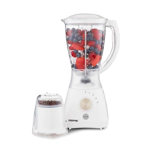 Image of GEEPAS 2-in-1 Food Jug Blender & Smoothie Blender | Ice Crusher Stainless Steel Blades 4 Speeds Pulse Mode | 1.5L Jar Smoothie Milkshake Maker Coffee/Spice Grinder Mill | 2 Year Warranty 550W White