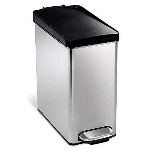 Image of simplehuman CW1180CB 10L Slim Profile Pedal Bin, Small Bin for Bathroom Bedroom Office, Strong Steel Pedal, Inner Bucket, Fingerprint-Proof, Brushed Steel with Black Dent-Proof Plastic Lid