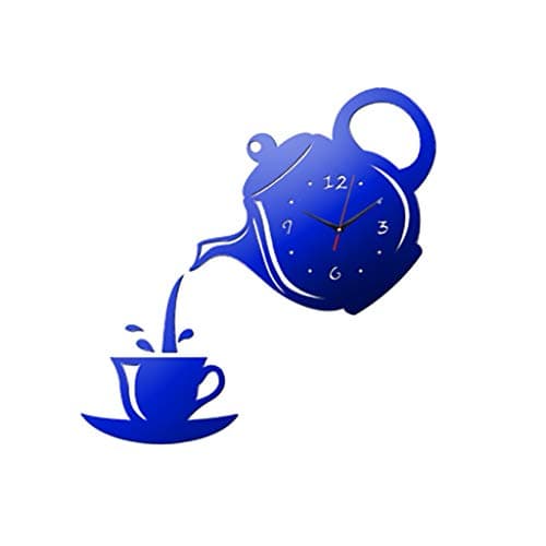 Image of HC&WT Acrylic Mirror DIY Wall Clock, Modern 3D Frameless Teapot Wall Clock Stickers Creative Silent Clock for Home Living Room Bedroom Office (Blue,28x21cm(11x8inch))
