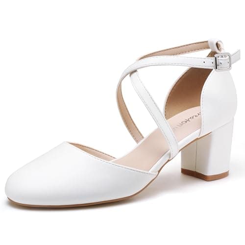 Image of Greatonu Womens Court Shoes Mid Heel Chunky Dress Sandals Ladies Ankle Strap Wedding Party Pumps White Pu Size 6