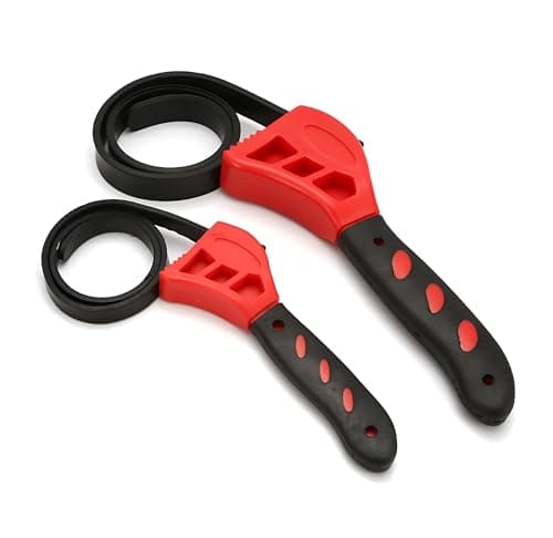 Image of AMSAMOTION Band Wrench 2 Pieces Oil Filter Wrench Rubber Pipe Wrench Universal Adjustable up to Max Diameter 150 mm Black Yellow