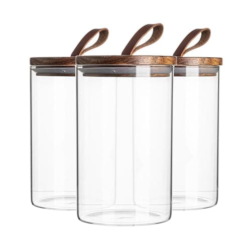 Image of Argon Tableware Scandi Storage Jars with Leather Loop Lids - 1000ml - 3 Pack - Modern Round Organisation Container Glass Jar for Kitchens, Pantry, Bathrooms, Utility Rooms