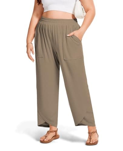 Image of Moon Wood Womens Plus Size Wide Leg Pants Casual Elastic Waisted Summer Pants with Pockets Baggy Lounge Trousers Slacks, Camel, X-L Plus