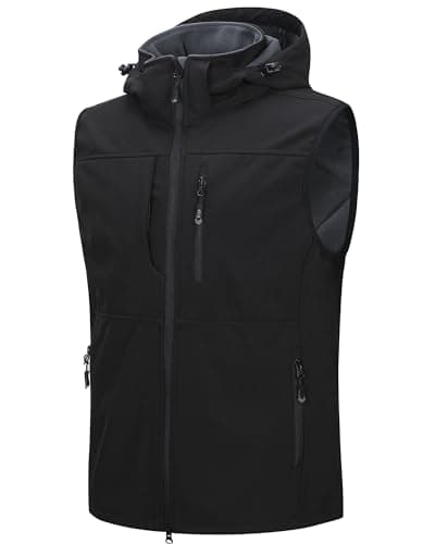 Image of 33,000ft Men's Softshell Gilet Waterproof Activewear Vests Windproof Fleece Lined Gilets with Hood Sleeveless Softshell Jacket for Hiking, Golf, Travelling,Safari Black S