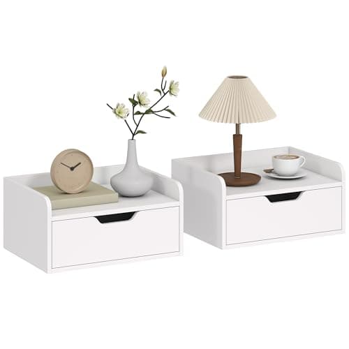 Image of HOMCOM Floating Nightstands Set of 2, Wall Mounted Bedside Table with Storage Drawer for Bedroom, White