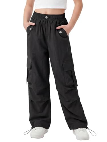 Image of JiAmy Girls Cargo Trousers, Wide Leg Elastic Waist Casual Baggy Trousers Stretch Dance Joggers Y2k Kids Pants for 11-12 Years, Black