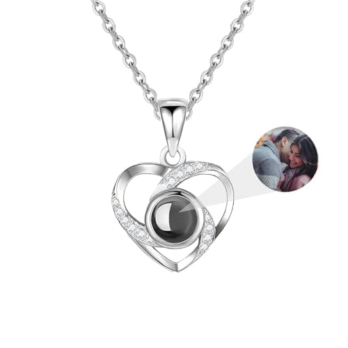 Image of AVINVAN Photo Necklace 925 Sterling Silver Personalised Projection Necklace with Picture Inside Customised Jewellery Heart Pendant Present for Women Mum Girls Wife Birthday(Heart02-silver)