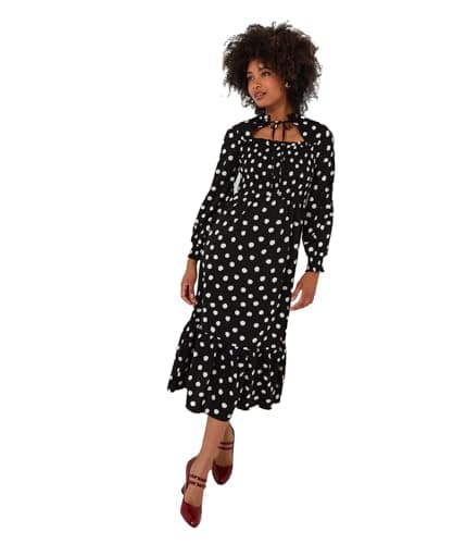 Image of Joe Browns Women's Fashion Retro Monochrome Polka Dot Midi Dress with Neck Ties, Regular Fit, Black, UK 10