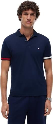 Image of Tommy Hilfiger Men's RWB Cuff Liquid Cotton Slim Polo MW0MW42743, Blue, XXL