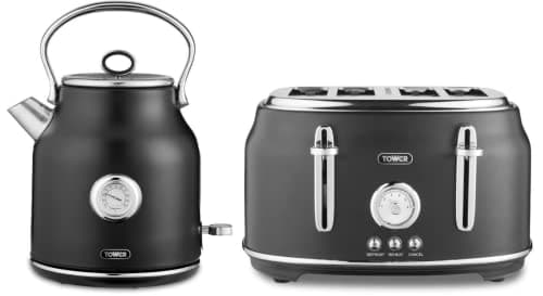 Image of RKW Tower Renaissance Black 3KW 1,7L Kettle & 4 Slice 1630W Toaster. Modern Black Kettle & Toaster Set