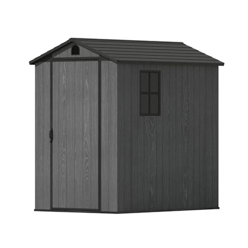 Image of Triumphkey 4x6ft Outdoor Storage Shed with Floor & 2 Windows,Large Plastic Garden Shed with Lockable Door for Backyard, Patio & Lawn,Grey-White,Dark Gray