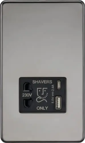 Image of Knightsbridge Screwless Shaver Socket with Dual USB A+C (5V DC 2.4A Shared) - Black Nickel