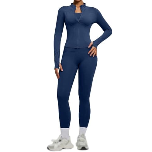 Image of Gym Outfits for Women Gym Sets for Women 2 Piece UK Long Sleeve Zip Up Cropped Jackets with Thumb Holes High Waist Leggings Tummy Control Seamless Fitness Running Workout Yoga Outfits Activewear