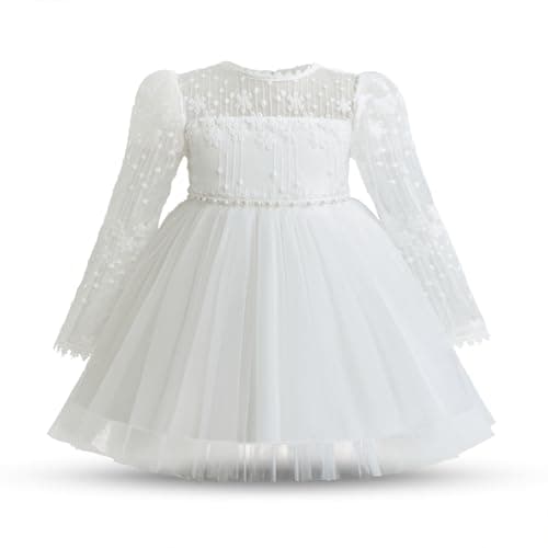Image of NNJXD Baby Girl Flower Embroidery Fall Long Sleeve Dress Toddler Birthday Party Princess Tulle Dresses 2194 White 9-12 Months