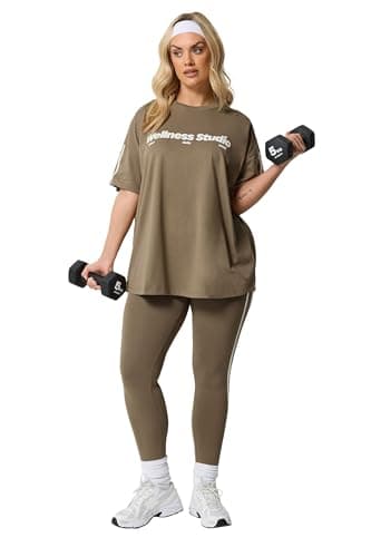 Image of Yours Active Curve Brown Side Stripe Leggings - Women's - Plus Size Curve