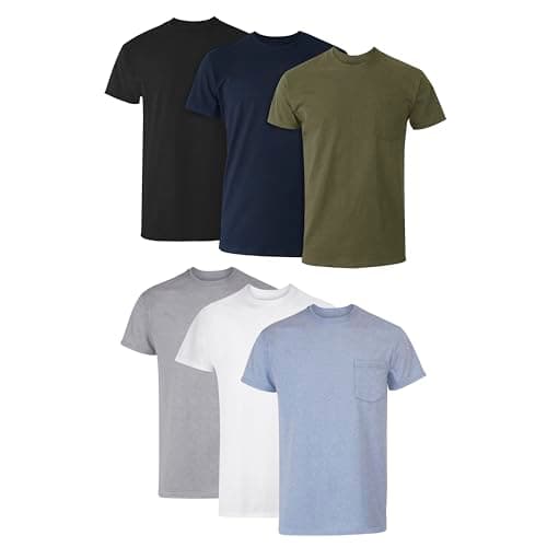Image of Hanes Men's Cotton Pocket T-Shirt, Moisture-Wicking with Odor Control, Assorted, 6-Pack, Grey Heather, Black, Hiker Green Heather, White, Navy, Blue Heather, XXL