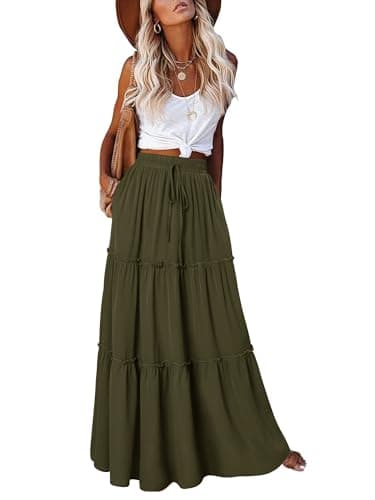 Image of CHICZONE Long Maxi Skirt for Women High Waist Boho Western Skirts Festival Outfits Clothing with Pockets ArmyGreen