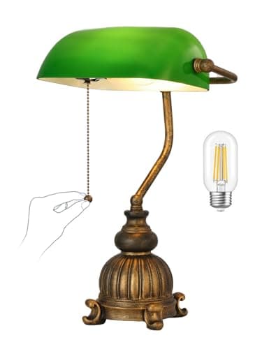 Image of Newrays Green Glass Bankers Desk Lamp for Home Office,Library with Pull Chain Switch Plug in Fixture, LED Bulb Included