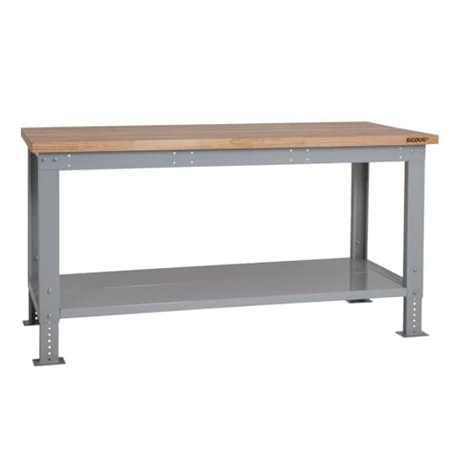Image of BiGDUG Height Adjustable Workbench - Heavy Duty Workshop Table - 877H x 1715W x 750D mm - Wood Worktop Full Depth Lower Shelf