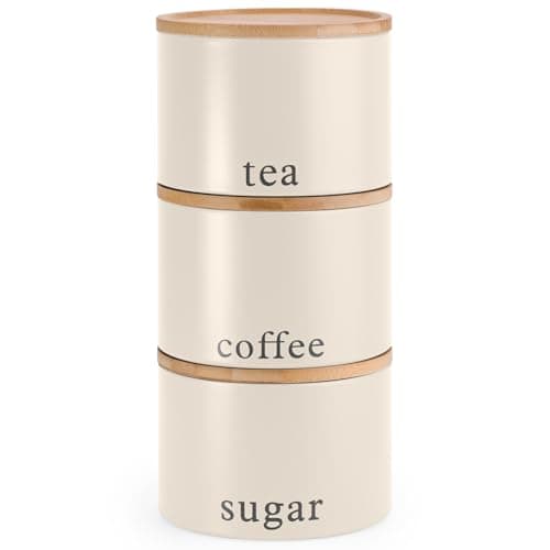 Image of EHC Tea, Coffee, Sugar, Canister Set, Set of 3 Stackable Airtight Food Storage Easy to Open Storage Cansiters Jars Tin, Cream
