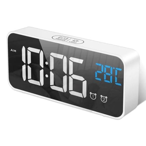 Image of HOMVILLA Digital Alarm Clock with Big LED Temperature Display, Portable Mirror Alarm with Dual Alarm Snooze Time 4 Levels Adjustable Brightness Dimmer 10 Music USB Charging Port for Bedside, Bedroom