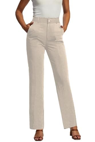 Image of femiss High Waisted Straight Leg Trousers – Smart Office Wear, Formal Uniform Bottoms with 2 Side Pockets, Tailored Workwear, Stretch Fit for Women, Teens, Girls, Ladies (Beige,16)