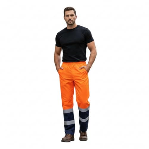Image of A2Z Hi Vis Over Trousers Waterproof 300D Oxford Safety Work Trousers Reflective Tape Elastic - Hi Vis Trouser 725 Orange/Navy L