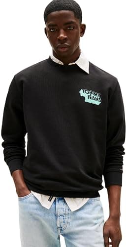 Image of Tommy Jeans Mens Tjm Reg Stack Crew Ext Dm0dm21640 Pullover Sweatshirt, Black (Black), S UK
