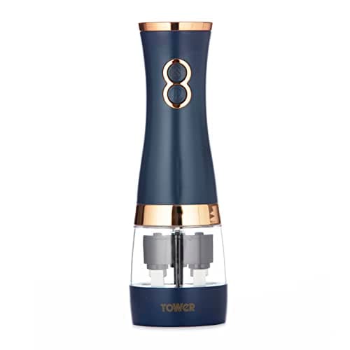 Image of Tower Electric Salt and Pepper Mills, Battery Operated with Adjustable Ceramic Grinders, Midnight Blue and Rose Gold, T847004MNB