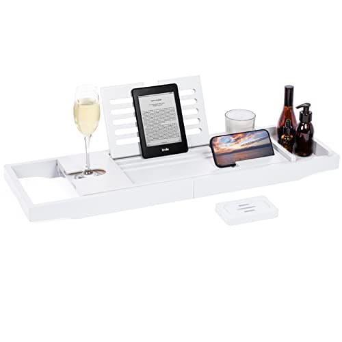 Image of Woodluv Bath Tray, Extendable Bath Caddy Trays for Bathtub Accessories with Tablet Phone Slots, Candle Mug/Cup Holder, Bathroom Organiser, Bath trays for across the bath with Soap Holder, White