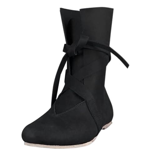 Image of Boots Men Women Brown Wide Shaft Medieval Shoes Women's High Hiking Boots Retro Ankle Boots Gothic Riding Boots Suede Lace-Up Boots Elegant Riding Shoes Non-Slip Lace-Up Ankle Boots, black, 7 UK