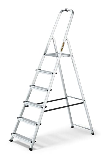 Image of DRABEST 6 Step Ladder Folding - Aluminum Folding Ladder - Ladder with Work Platform - Stepladders 6 Tread - Capacity 125 KG - Multi-Purpose Ladders - 48 x 191 x 12 cm