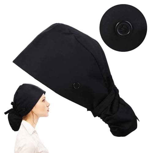 Image of Neyauo Adjustable Working Caps with Button, Cotton Chef Hats, Unisex Hair Cover for Cooking, Women Ponytail Pouch Hats for Working Black