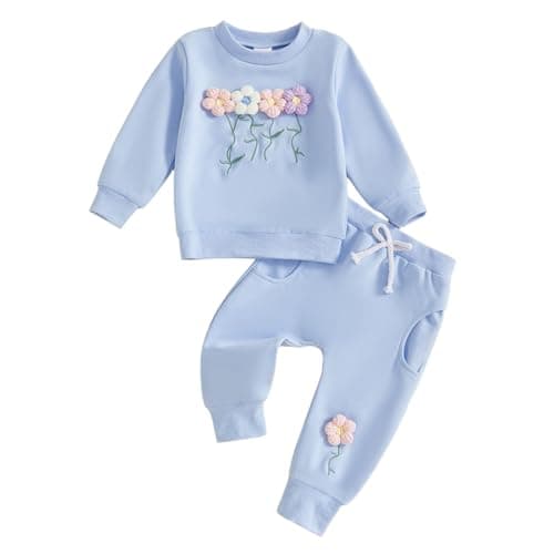 Image of Caziffer Toddler Baby Girl Fall Outfit Cute 3D Flower Crewneck Sweatshirt Joggers Pants Knit Waffle Winter Clothes 2Pcs Set (Blue, 12-18 Months)