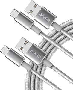 Image of Anker USB C Charger Cable, 2-Pack 10 ft (3 m) USB to USB C, USB A to USB C Braided Phone Charger Cable for iPhone 17/16/15, iPad Pro, Samsung Galaxy, and More(Silver