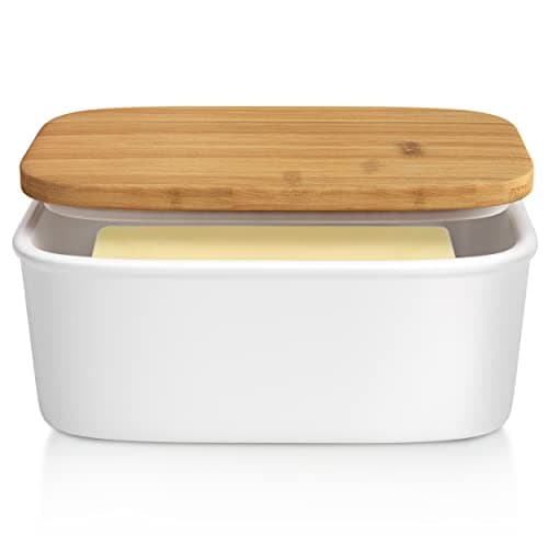 Image of Tydi Elegant Porcelain Butter Dish with Lid Ceramic - 16x10.5x7 cm (up to 600g Capacity) Butter Dishes with Lids - Removable Silicone Seal - White with Bamboo Lid - Butter Container