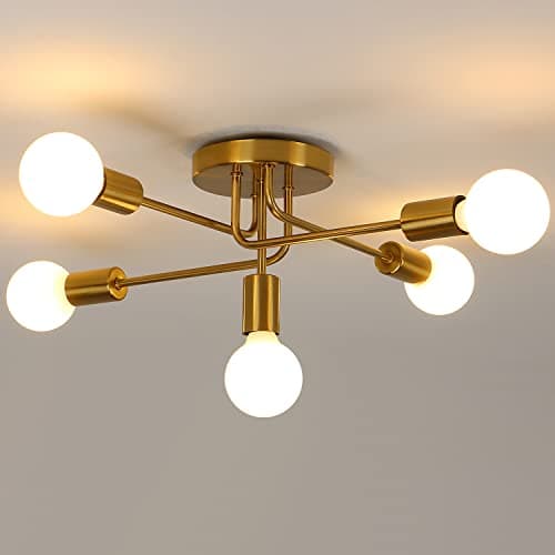Image of AUA Modern Sputnik Chandelier Ceiling Light, 5 Lights Golden Semi Flush Mount Ceiling Lights, Adjustable Ceiling Light Fitting for Living Room Kitchen Dining Room Farmhouse Hallway