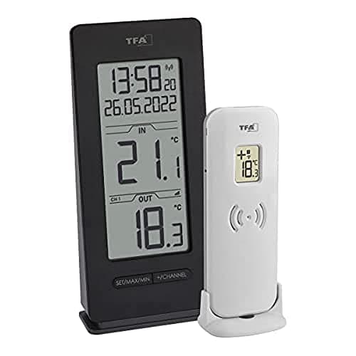 Image of TFA Dostmann 30.3072.01.90 Radio Thermometer Indoor/Outdoor with Radio-Controlled Clock and Date, Max. Min. Function, Wireless, Black