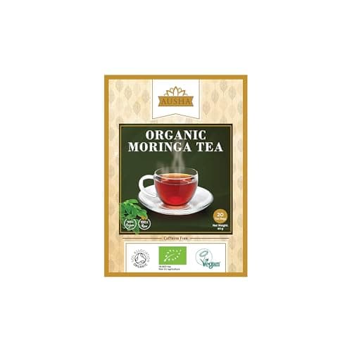 Image of Ausha Organic Moringa Tea Bags - 40 Bags - Caffeine Free - UK Certified Organic by Soil Association - Source of Protein, Amino Acids, Antioxidants, Dietary Fibre, Vitamins & Minerals - Oleifera Leaf