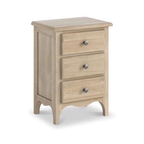 Image of RoselandFurniture Celine Oak Bedside Table Cabinet | Fully Assembled Classic French Pine Wooden Side End Nightstand with 3 Drawers for Bedroom, Bathroom and Hallway
