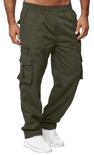 Image of CTU Mens Cargo Trousers Elasticated Waist Pants Work Straight Fit Jogger Outdoor Pants Utility Pockets Green L
