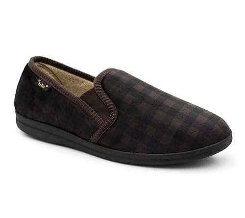 Image of Dr Keller Mens Slippers Check Faux Fur Lined Thermal Slip On Elastic Stretch Gusset House Shoes Cosy Slippers (Brown, 9, UK Footwear Size System, Adult, Men, Numeric, Medium, 9)