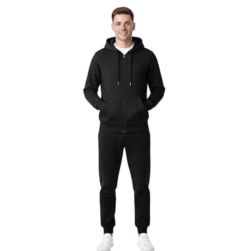 Image of The Fancy Dress Mens Tracksuit Full Set - Plain Long Sleeve Hooded Zip up Sweatshirt & Joggers 2 Pcs Activewear Track Bottom Sets for Gym Running, Black, XXL
