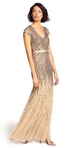 Image of Adrianna Papell Women's Long Beaded V-Neck Dress with Cap Sleeves and Waistband, Nude, 20