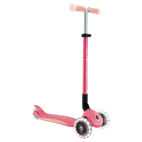 Image of Globber Elite Kids 3 Wheel Light Up Glow Scooter - Foldable - 3 Years to 9 Years Plus - LED Wheels - 2 Year Warranty (Coral Pink)