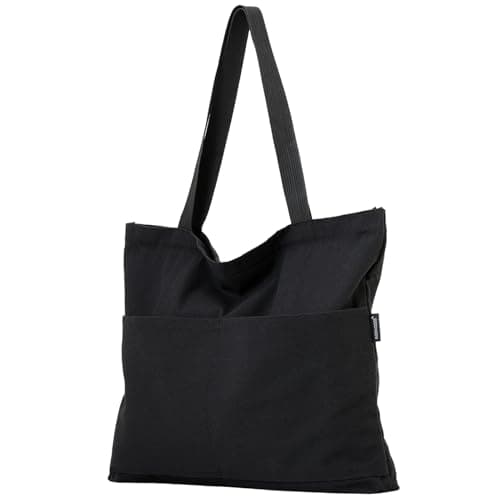 Image of GODWOODS Black Tote Bag Canvas Tote Bag with Zipper for Women Aesthetic Travel Shoulder Handbags Bags Purses with compartments (Black(with Front Pocket))