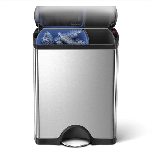 Image of simplehuman 46L (30/16) Rectangular Recycling Double Kitchen Pedal Bin, Strong Steel Pedal, Silent Soft Close Lid, Inner Buckets, Built-In Wheels, Fingerprint-Proof, Brushed Stainless Steel CW1830