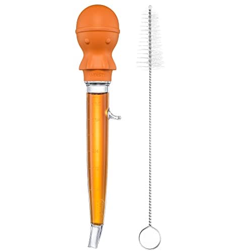 Image of U-Taste 1.5oz Angled Turkey Baster: 109℃ Heat Resistant Food Grade Tritan Silicone Meat Pipette with Large Octopus Bulb and Cleaning Brush for Cooking Roasting Basting Chicken Beef Meat (Orange)