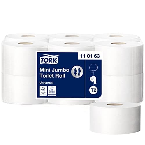 Image of Tork 110163 Mini Jumbo toilet paper roll Advanced / Long lasting 1-ply rolls compatible with Tork T2 Mini Jumbo toilet system / 1 x 12 rolls (12 x 1714 sheets)