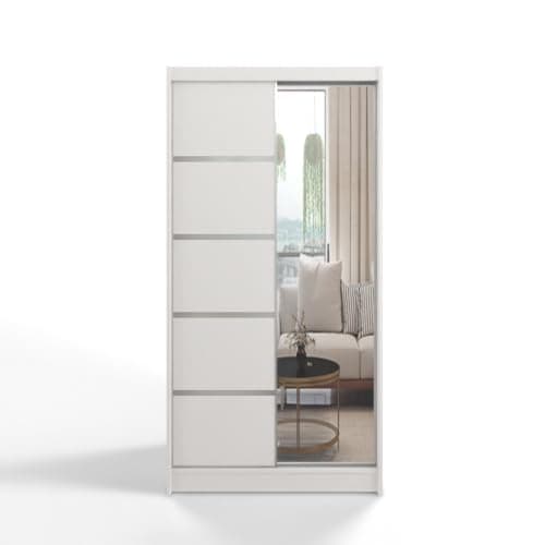 Image of Gaba furniture White Series 100 cm Sliding Door Wardrobe with Mirror Widths 100/120/150/180/200/250 cm Furniture for Bedroom Living Room Wardrobe with Hanging Rail